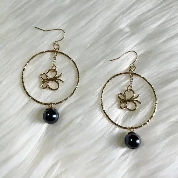 Gold Plated Butterfly Tahitian Pearl Floral Hawaiian Dangle Hoops Earrings - Picture 2 of 2